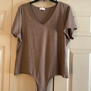 Pink Lily Taupe Ribbed V-Neck Bodysuit